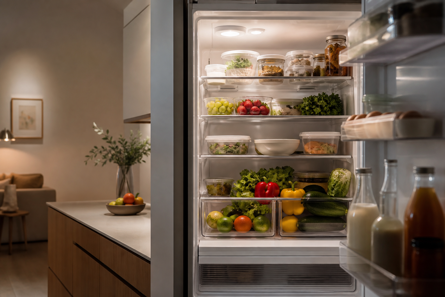 A stocked household refrigerator in a quiet home kitchen.